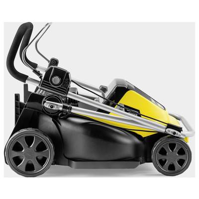 Lawnmower in yellow and black with a folding handle. Side view showcasing design and functionality. Suitable for lawn maintenance.