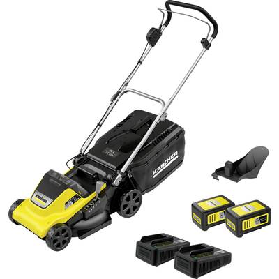 Lawn mower with folding handle, two batteries, charger and mulching kit, suitable for medium-sized gardens, yellow and black design.