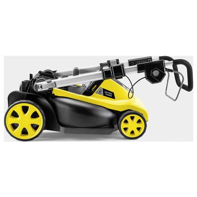 A folded, yellow-black, battery-powered lawnmower with two large front wheels and two small rear wheels.
