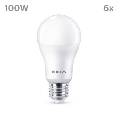 Philips LED Light Bulb, 100W, in White. Pack of Six. Energy-efficient, suitable for household lighting.