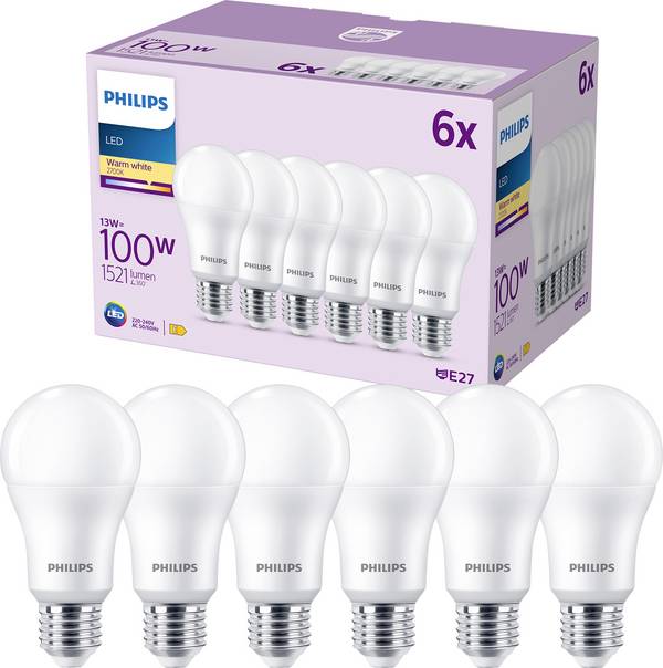 Philips LED 9290023068 LED (monochrome) EEC E (A - G) E-27 Pear shape 13 W = 100 W Warm white (Ø x H) 60 mm x 120 mm 6 pc(s)