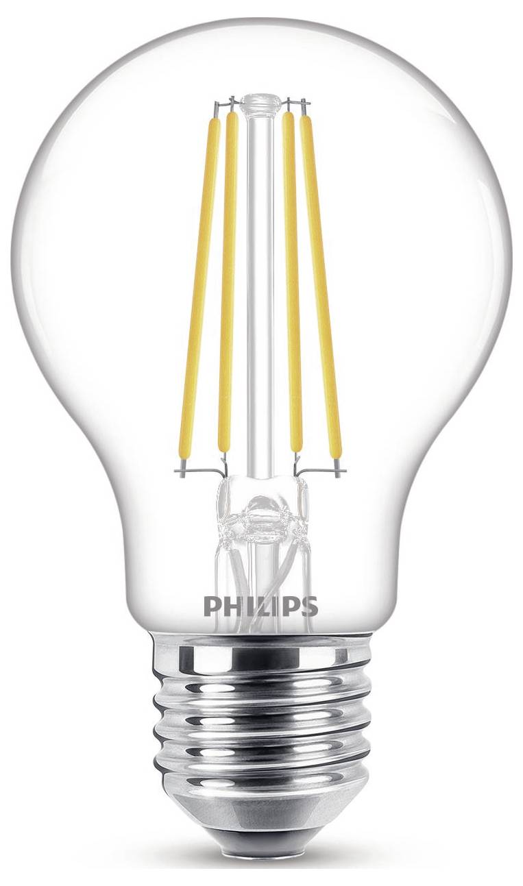 A clear light bulb with visible LED filaments that imitate classic incandescent lamps; brand name printed at the bottom.
