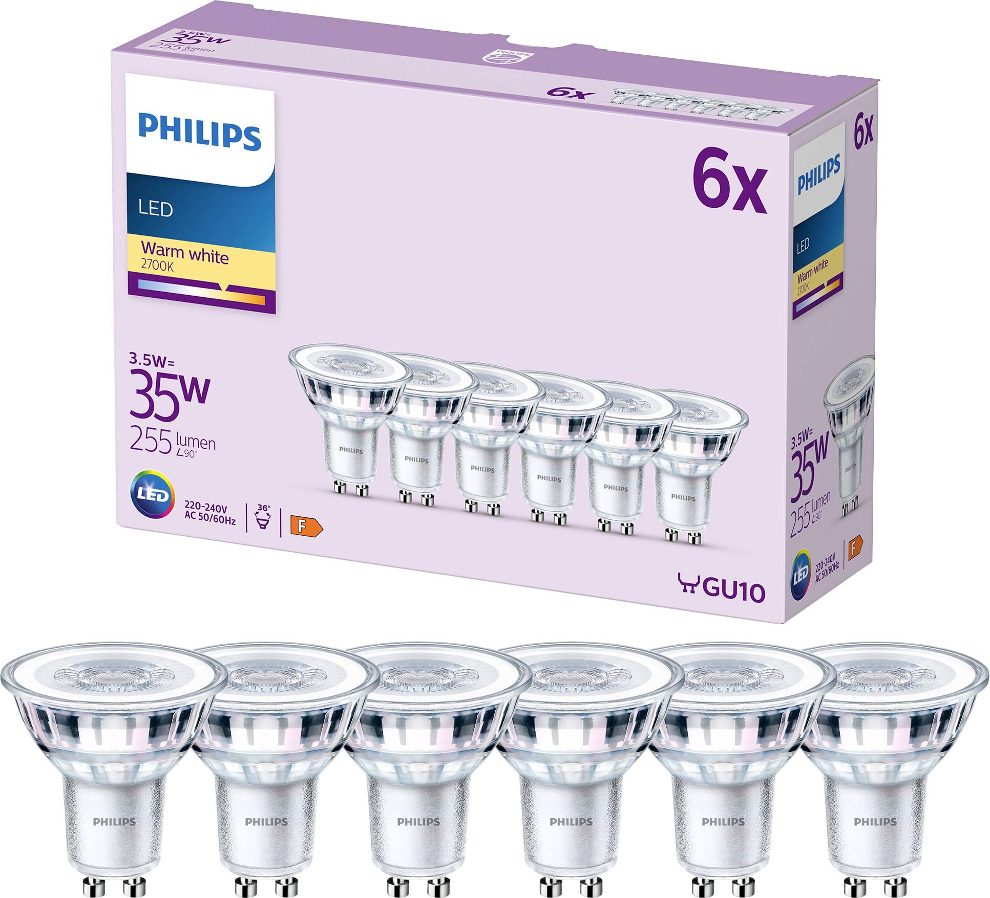 Philips Lighting 9290012178 LED (monochrome) EEC F (A - G) GU10 Reflector bulb 3.5 W = 35 W Warm white (Ø x L) 50 mm x 54 mm 6 pc(s)