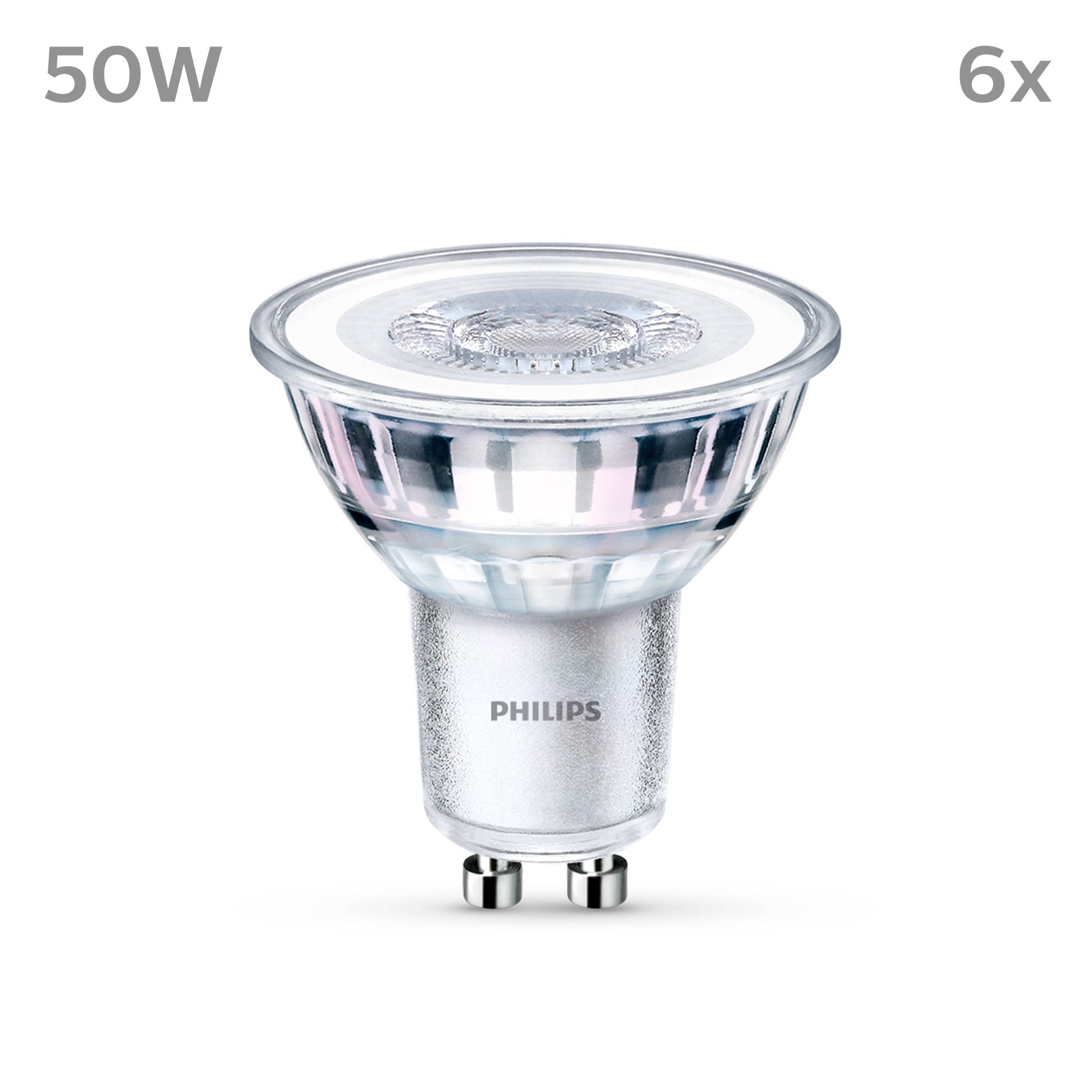 'Philips 50W LED Light Bulb with GU10 Fitting, Pack of 6. Energy-efficient Lighting Solution for Home or Office.'