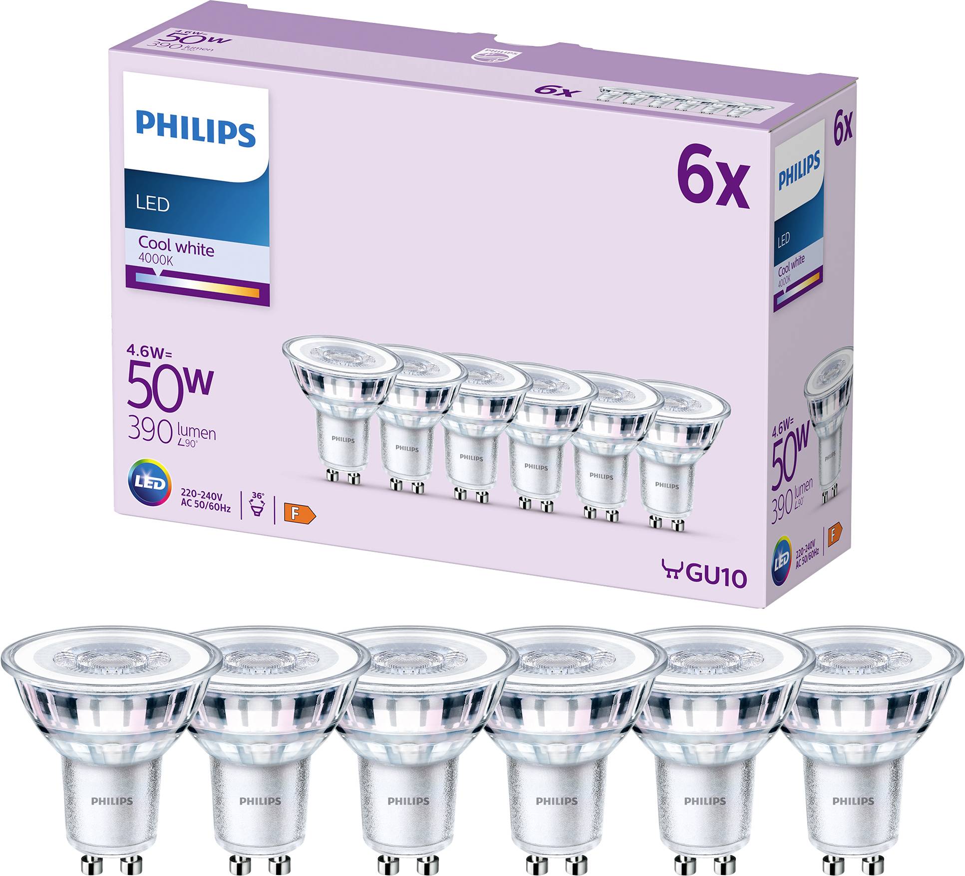 Philips Lighting 9290012182 LED (monochrome) EEC F (A - G) GU10 Reflector bulb 4.6 W = 50 W Neutral white (Ø x L) 50 mm x 54 mm 6 pc(s)