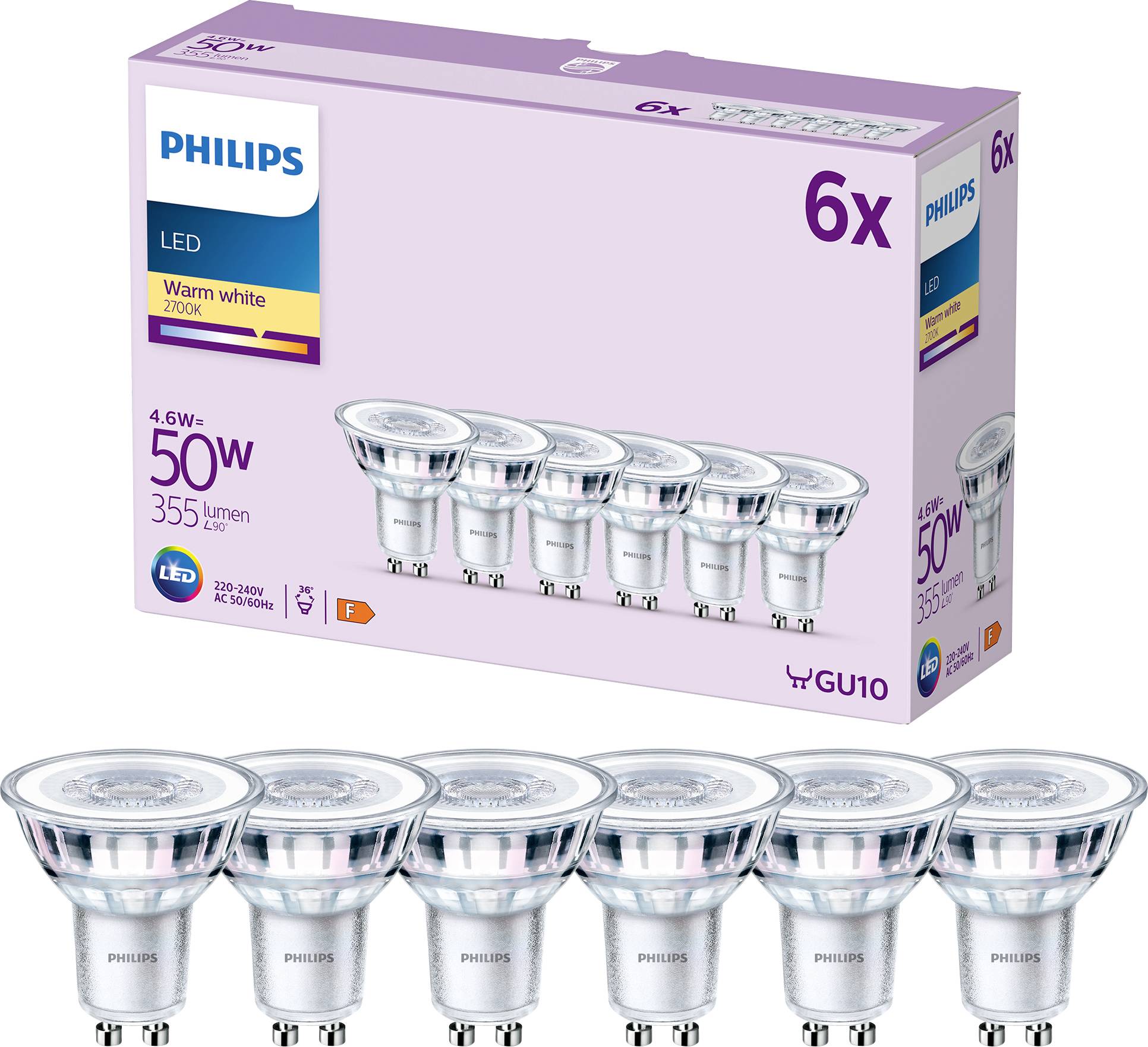 Philips Lighting 9290012152 LED (monochrome) EEC F (A - G) GU10 Reflector bulb 4.6 W = 50 W Warm white (Ø x L) 50 mm x 54 mm 6 pc(s)