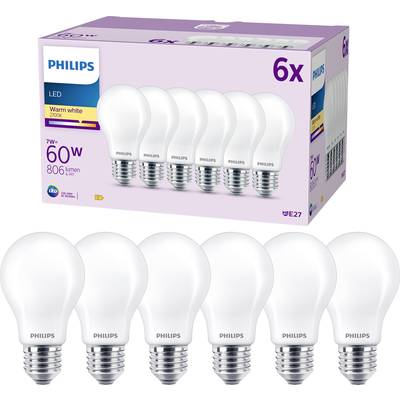 Six Philips LED light bulbs with E27 screw cap, 60W equivalent, warm white, 806 lumens. Packaging in the background shows product details.