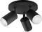 Black ceiling light with three cylindrical spotlights pointing in different directions, mounted on a round base.