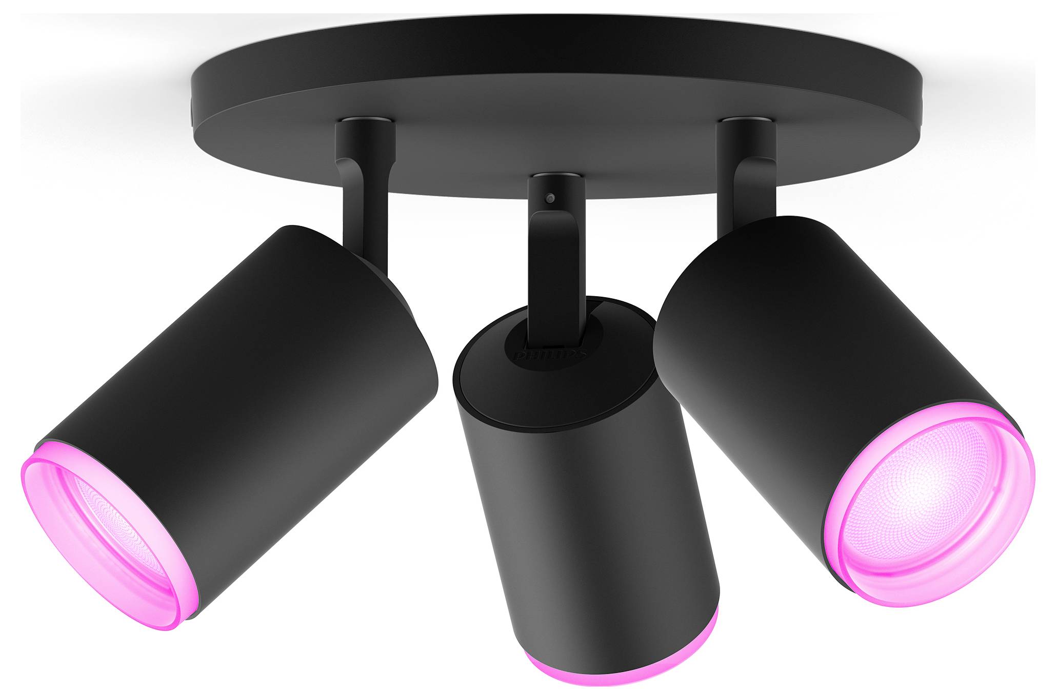 Black ceiling light with three adjustable spots that illuminate in pink.