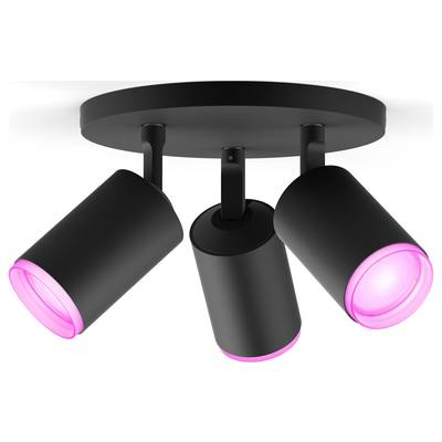 Black ceiling light with three adjustable spots that illuminate in pink.