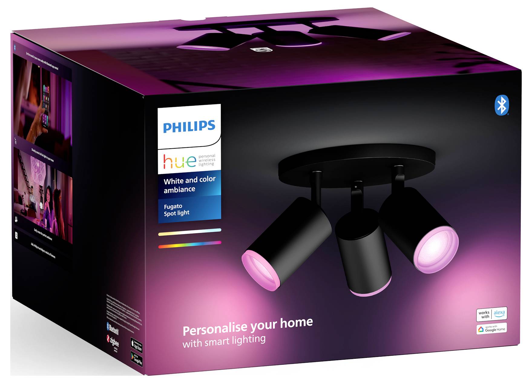 Black Philips Hue LED ceiling spotlights in packaging. Text: 'Personalise your home with smart lighting'