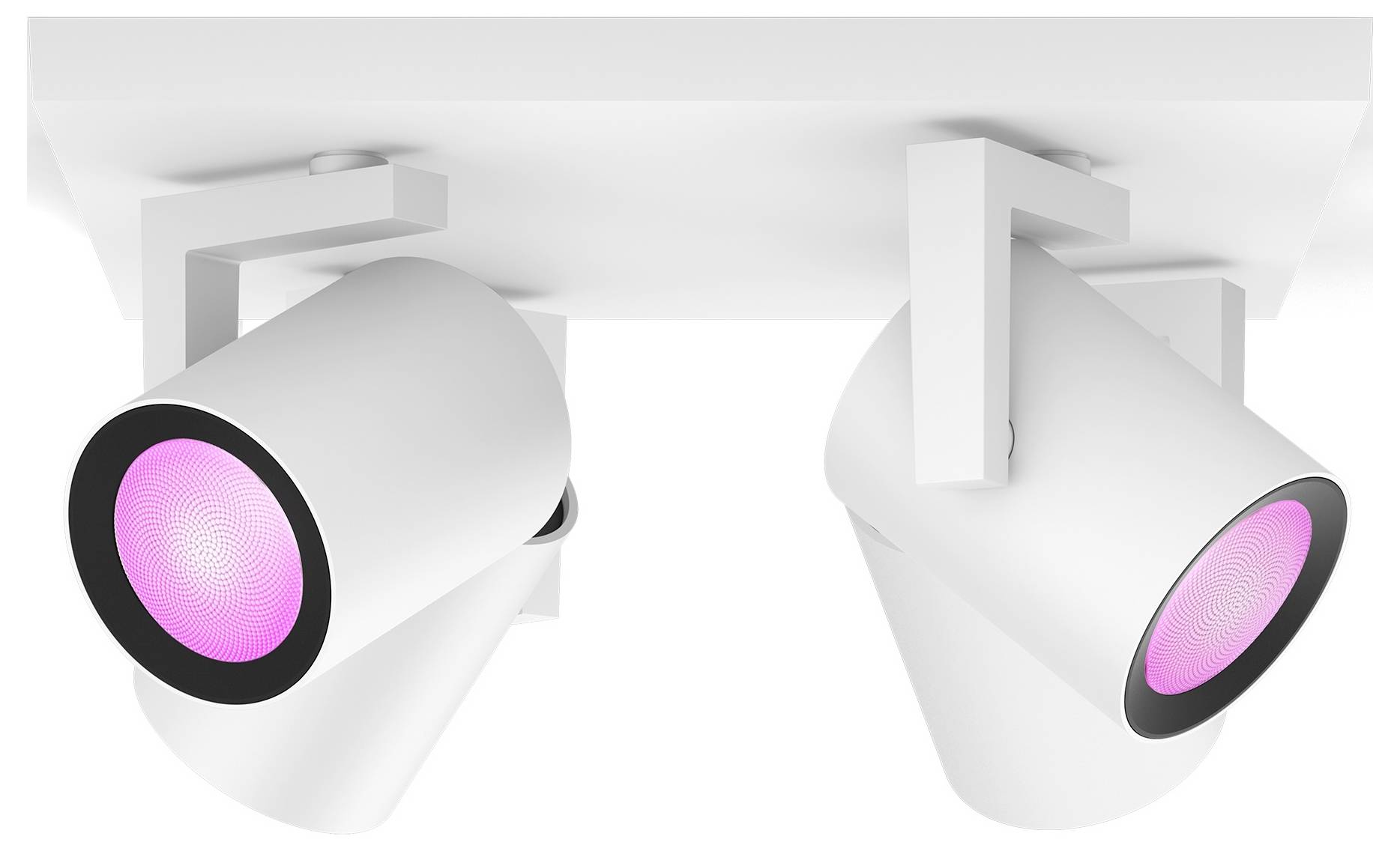 Two white spotlights on a ceiling mount illuminate with pink light. Lighting system, designed in a modern and minimalist style.