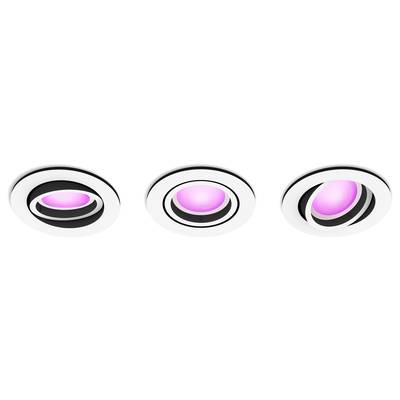 Three round recessed spotlights with pink light in a white housing, arranged in a horizontal line.