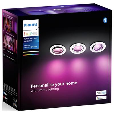 Three-pack of Philips Hue recessed spotlights with colour and white light options, compatible with Alexa and Google Assistant.