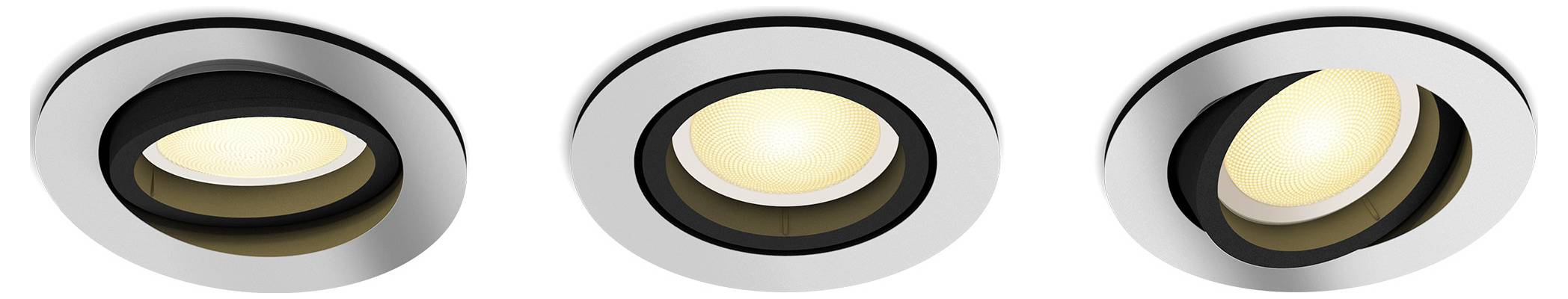 Three circular recessed LED lights at different angles. Each lamp is set within a round metal frame.