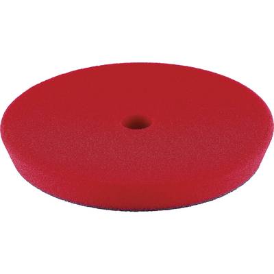 A red, round polishing pad with a hole in the centre, used for polishing surfaces.