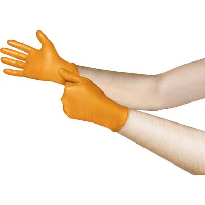 'A person is putting on an orange disposable glove on one hand.'