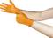 'A person is putting on an orange disposable glove on one hand.'
