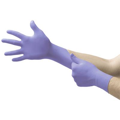 A person is putting on a purple disposable glove on their right hand, with the left glove already being worn.