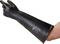 Black, long rubber glove worn on the arm, protects against chemicals.