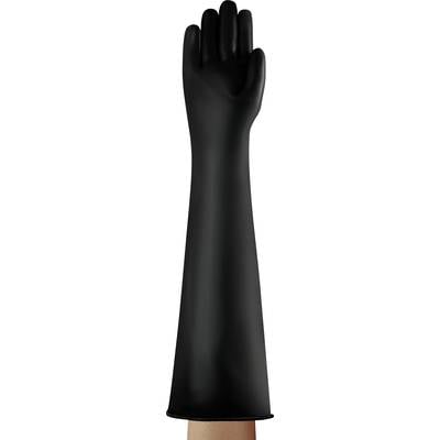Black rubber glove that extends above the elbow. The glove is smooth and suitable for cleaning or laboratory work.