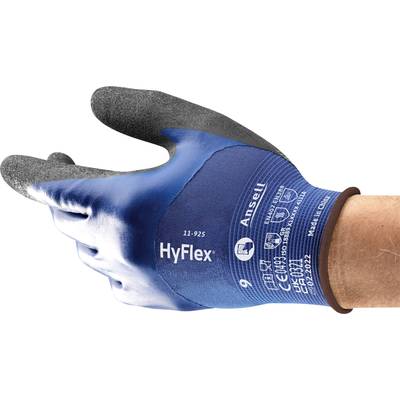 A blue work glove with a black palm displays safety certificates and brand information.