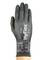 Hand wearing a grey protective glove with "HyFlex" printed on it, showing safety standards and size 9.