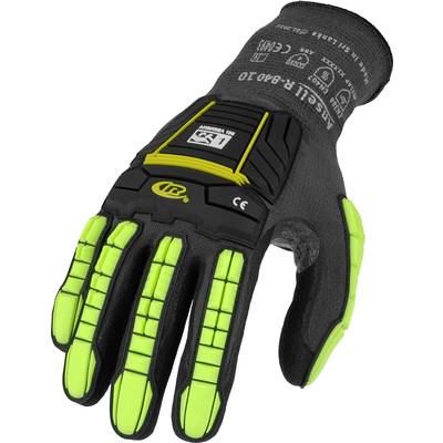 A black work glove with luminous green protective padding and a yellow logo, specifically designed for safety and protective tasks.