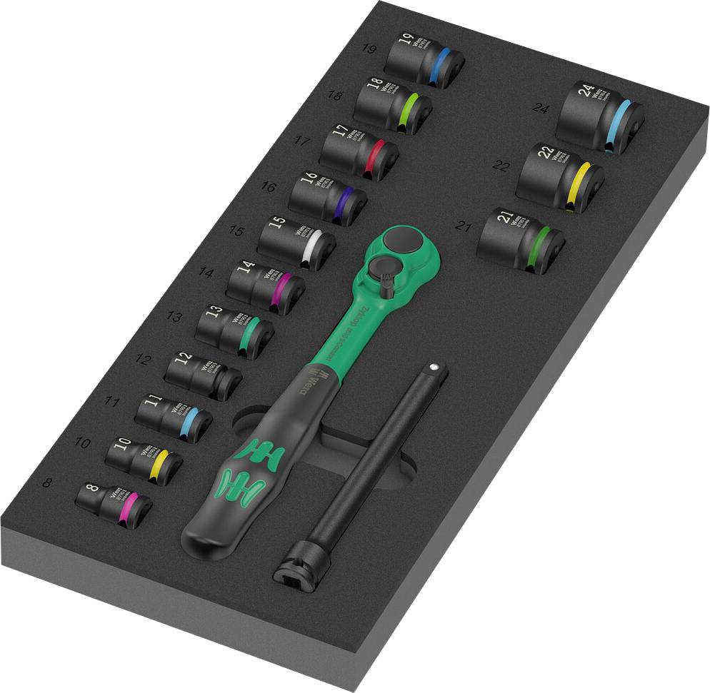 'Ratchet set with multi-coloured socket keys and lever handle. Contains 17 pieces, neatly arranged side by side.'