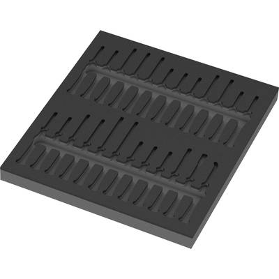 Black foam insert with multiple fan-shaped cut-outs, suitable for secure storage or presentation of small items.