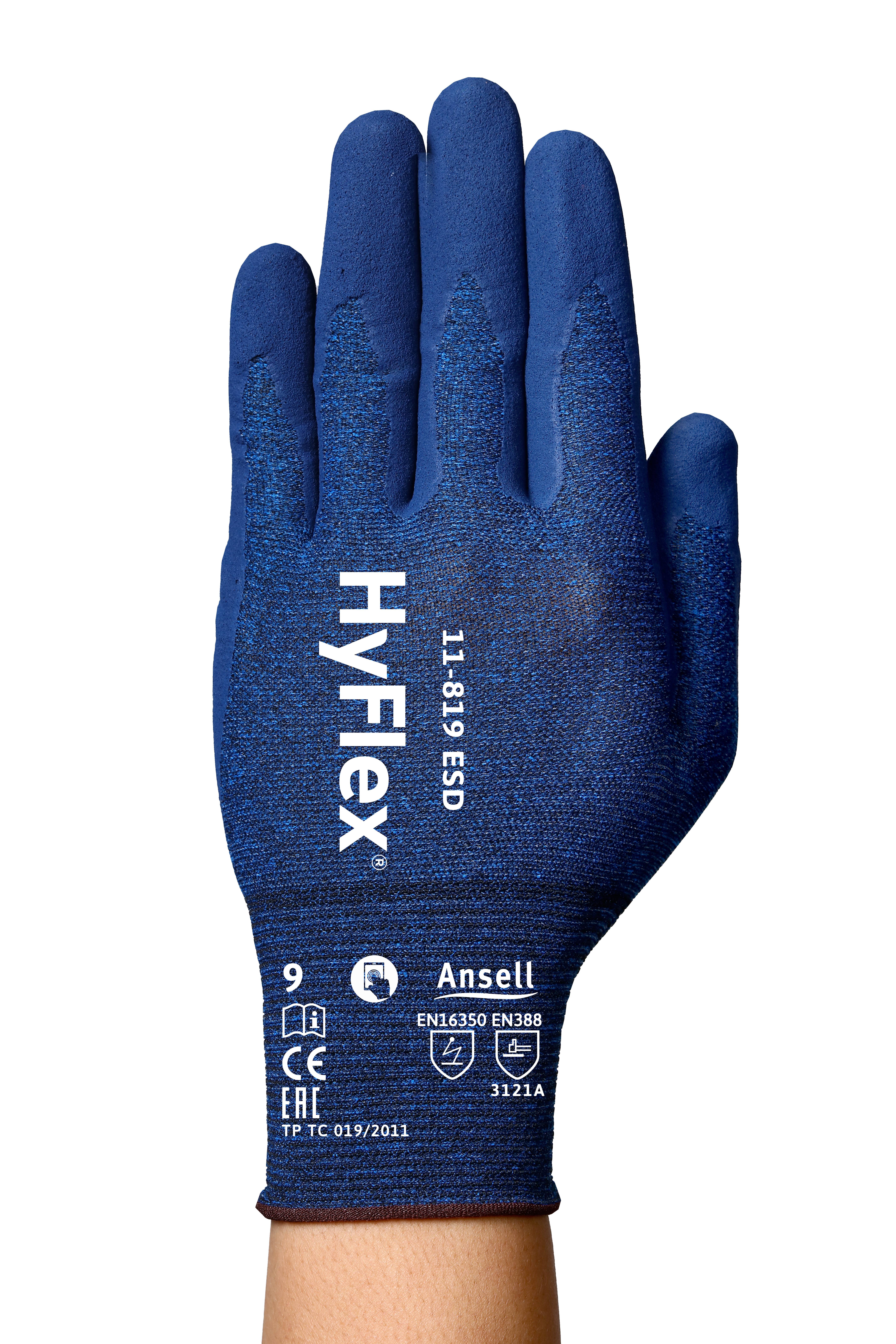Blue work glove by Ansell with markings indicating protection class and standards.