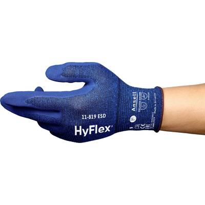 A blue work glove with the inscription 'HyFlex 11-819 ESD', being worn on a hand.