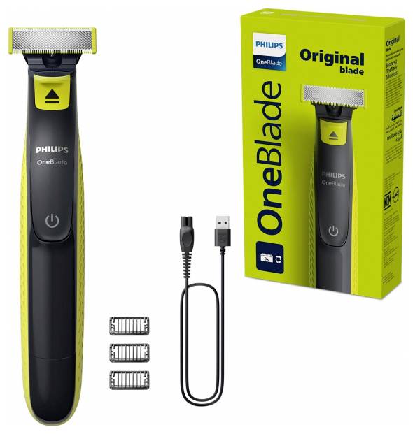 'Philips OneBlade Trimmer' with three blade attachments, USB charging cable, and packaging. Innovative shaving function for precise beard grooming.