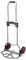Collapsible transport trolley with a red button for securing, two wheels, and a metal platform for carrying items.