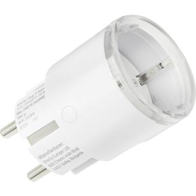 A white, round smart plug adapter with a European socket type. Labelling on the side displays specifications and manufacturer information.