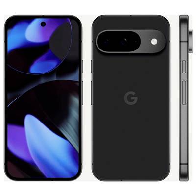 Smartphone in three views: front view with display, back view with camera and G logo, and side view with button bar.