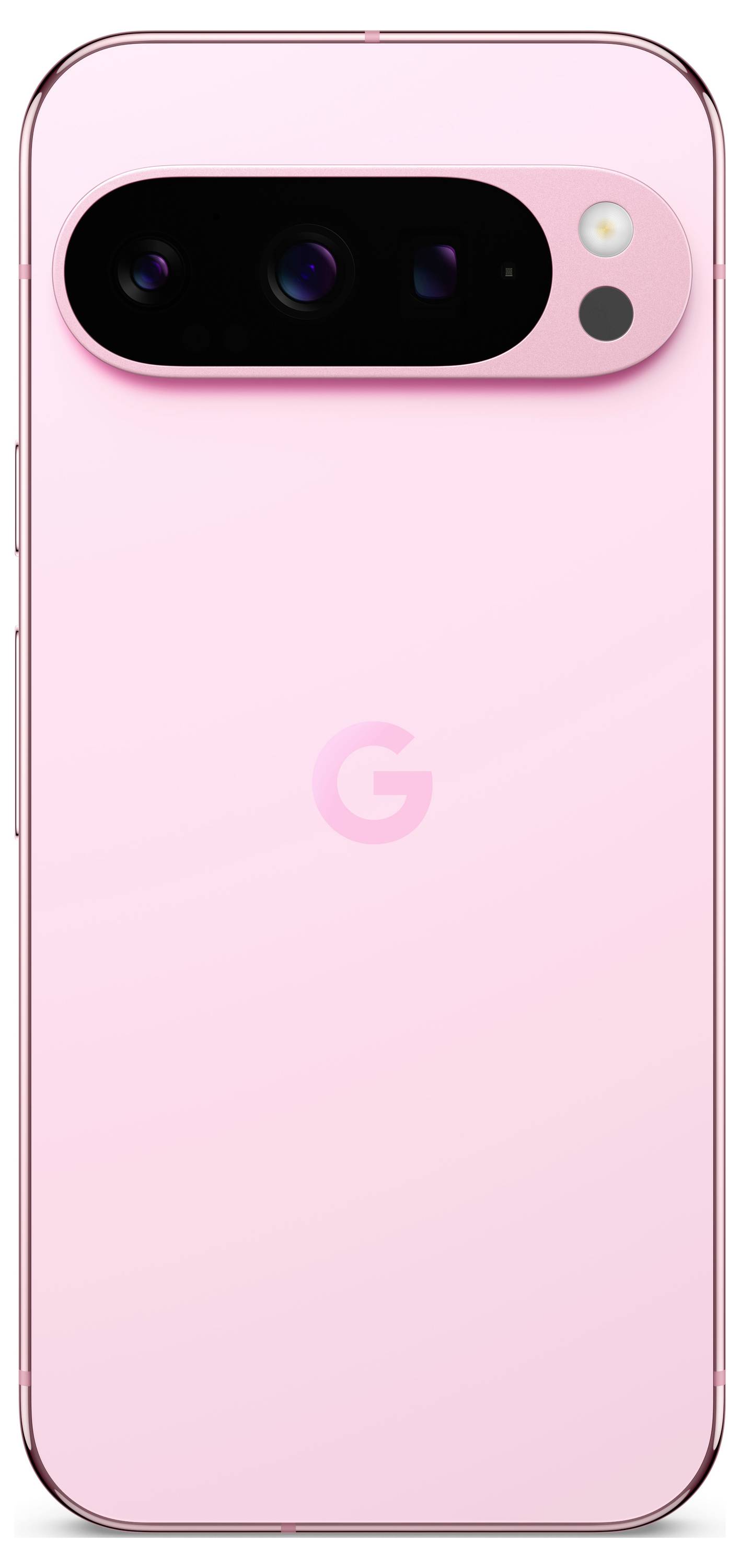 A pink smartphone viewed from the back, featuring three camera lenses and a flash light on the rear.