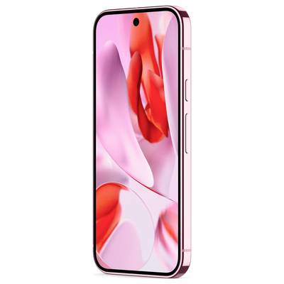 Pink smartphone with a curved screen displaying bright, abstract art. Side view shows volume buttons.