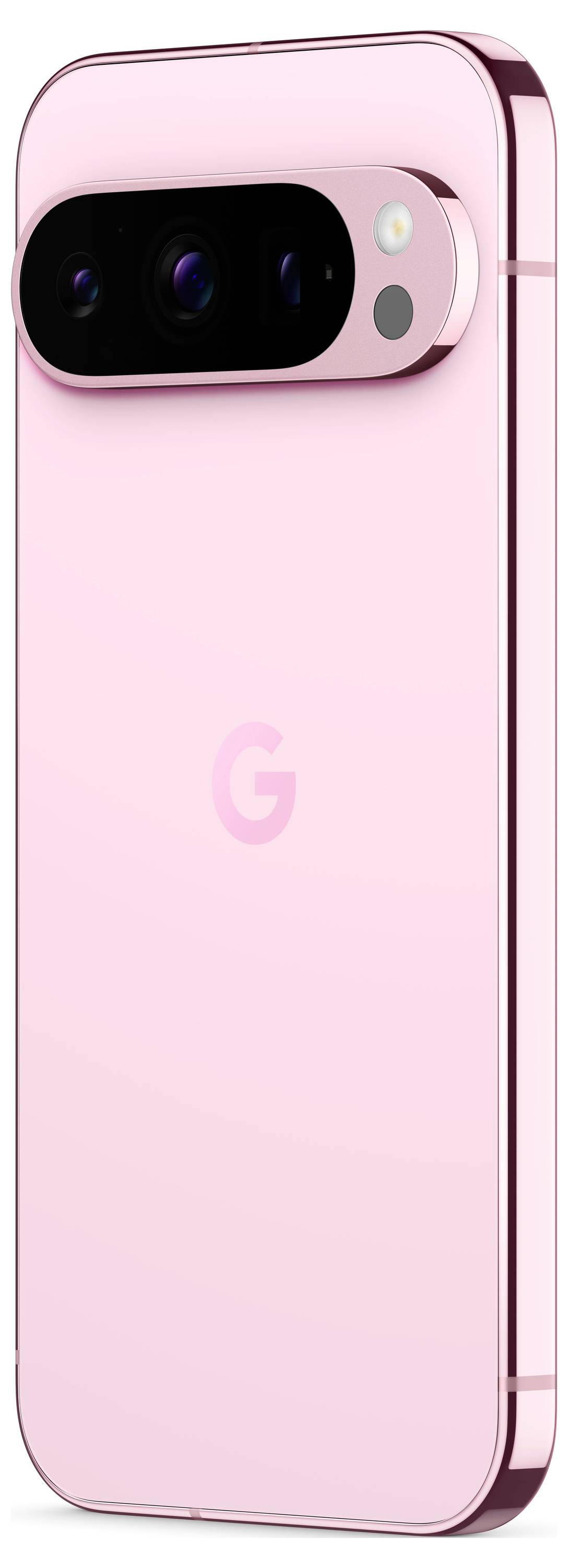 Smartphone in pink with its back visible, camera positioned in the top left corner, logo centred. Elegant, minimalist design.