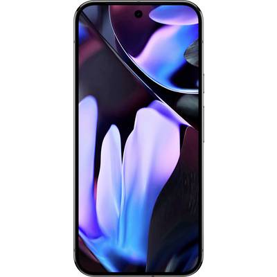 A smartphone with a colourful, abstract display showing a blend of blue and purple hues.