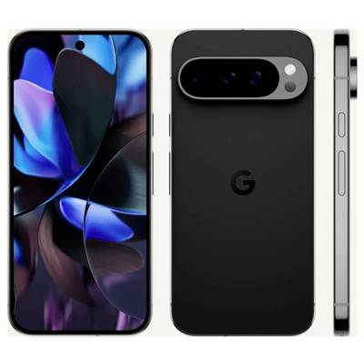 Black smartphone shown from front, back, and side. Front view with illuminated display, camera module, and logo on the back.