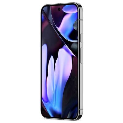 A smartphone with a glossy display in a dark environment, showing illuminated, abstract blue and purple shapes.