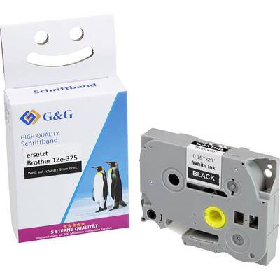 'G&G Label Tape, replacing Brother TZe-325, 9mm wide, 0.35" x 26', white ink on black tape.'
