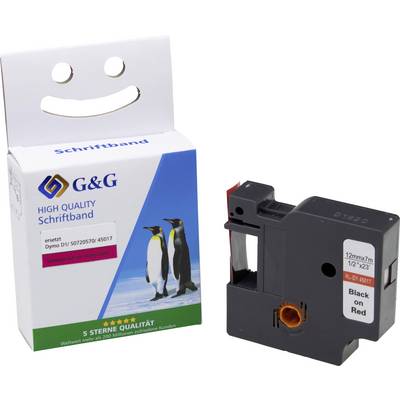 'Label tape cassette with penguin design on packaging. Compatible with Dymo devices, 12 mm x 7 m, black on red.'