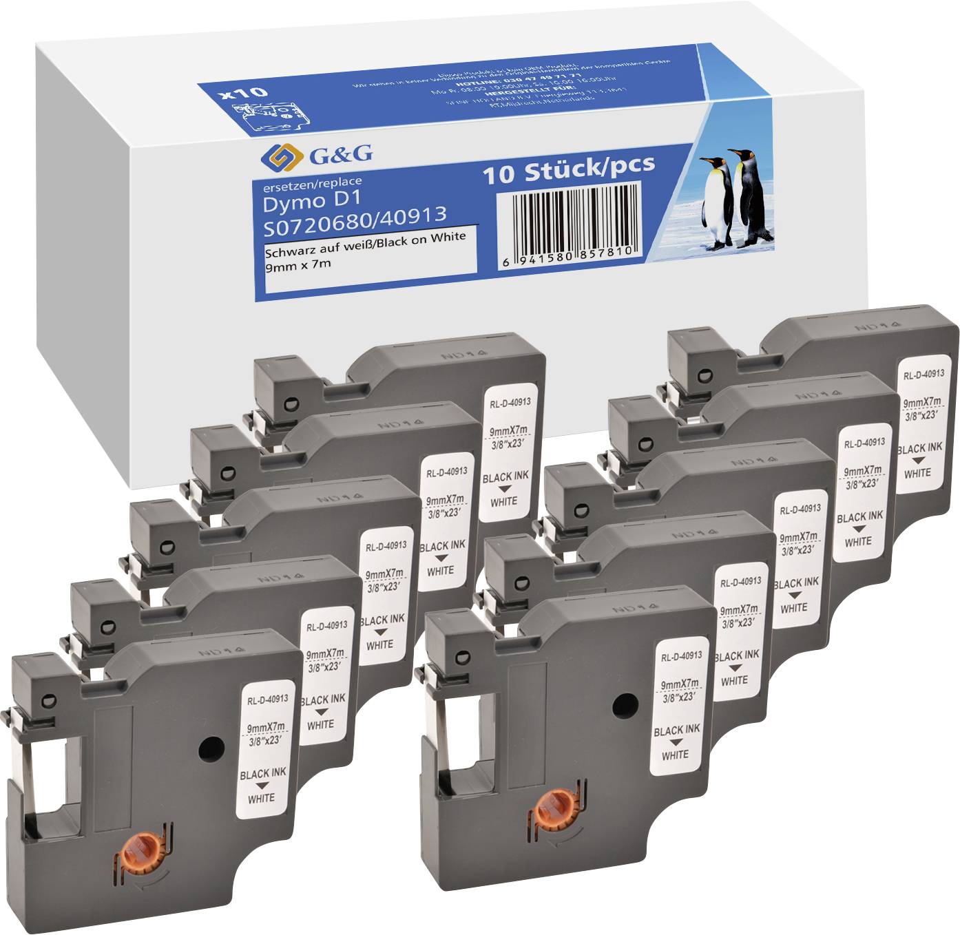 G&G D1 Labelling tape 10-piece set Tape colour: White Font colour: Black 9 mm 7 m