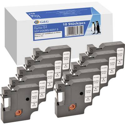 Ten black Dymo D1 label tapes on a white background, packaged in a box with a penguin picture and product details.