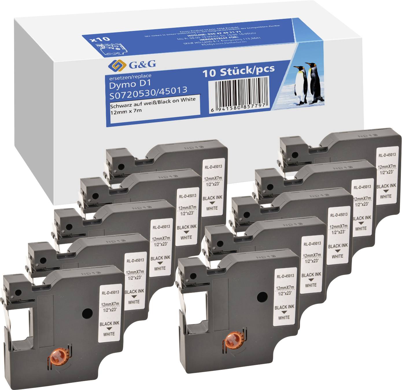 G&G D1 Labelling tape 10-piece set Tape colour: White Font colour: Black 12 mm 7 m