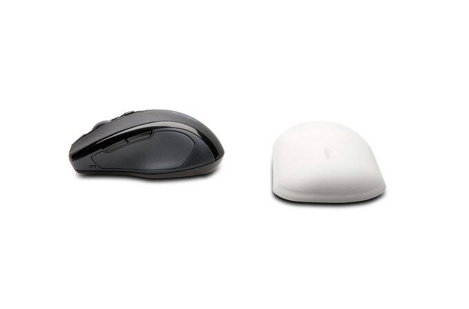 'Two computer mice side by side, on the left an ergonomic black mouse and on the right a white, smooth mouse.'
