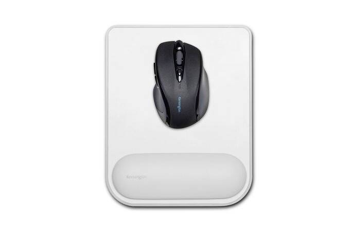 Black computer mouse on a white mousepad with a wrist rest, viewed from above.