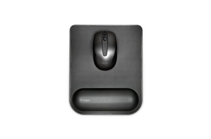 A black, wireless computer mouse viewed from above on a black mousepad with a wrist rest. The 'Kensington' brand name is visible.